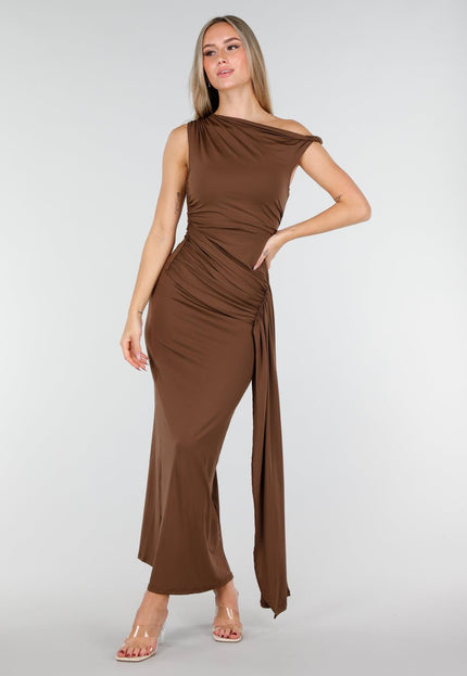 OP=OP.47.NL Bruine One Shoulder Maxi Jurk