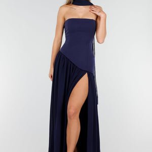 OP=OP.02.NL Donkerblauwe Strapless Maxi Jurk