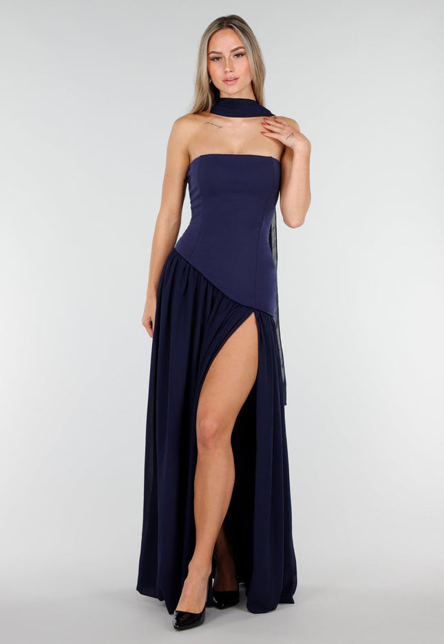 OP=OP.02.NL Donkerblauwe Strapless Maxi Jurk