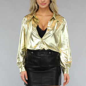 OP=OP.50.NL Metallic Gouden Blouse met Lange Mouwen