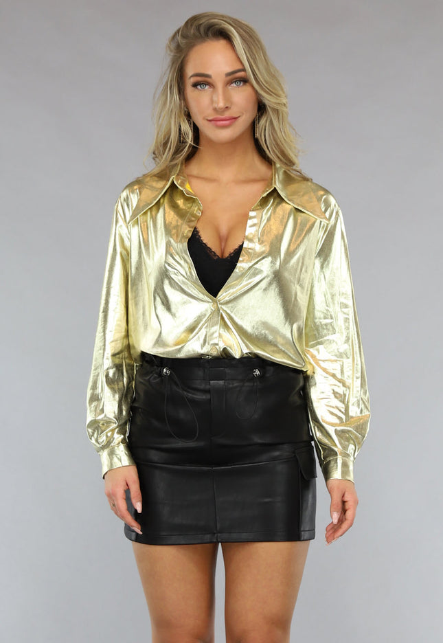 OP=OP.50.NL Metallic Gouden Blouse met Lange Mouwen