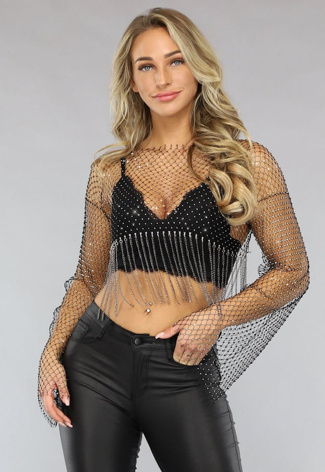 NEW2211 Strass Glitter Top met Wijduitlopende Mouwen