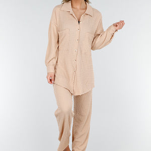 NEW230425 Beige Crinkle Set met Blouse en Broek