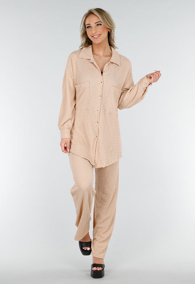 NEW230425 Beige Crinkle Set met Blouse en Broek