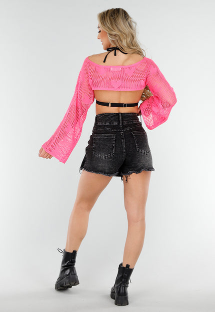 NEW230425 Felroze Gehaakte Bolero met Lange Mouwen