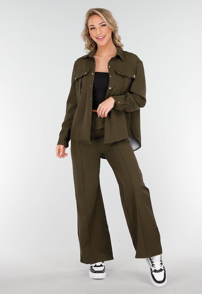 NEW230425 Khaki Two Piece Set met Rechte Broek
