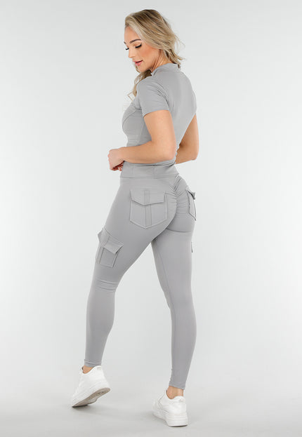 NEW230425 Lichtgrijze Sportoutfit met Scrunch Cargo Legging