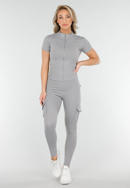 NEW230425 Lichtgrijze Sportoutfit met Scrunch Cargo Legging