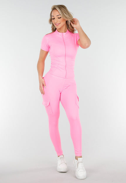 NEW230425 Roze Cargo Trainingspak met Korte Mouwen en Rits