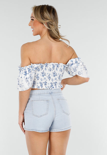 NEW230425 Witte Off Shoulder crop top met bloemetjesprint