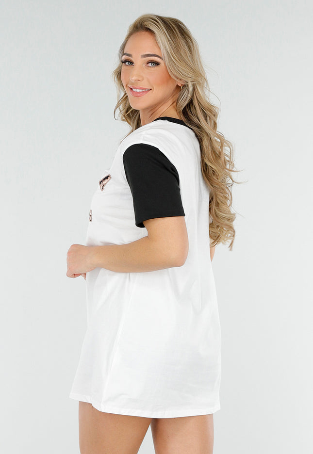 NEW230425 Witte T-shirtjurk met Zwarte Mouwen