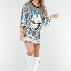 NEW230425 Zilverkleurige Pailletten Jersey Jurk met Lichtblauwe Details