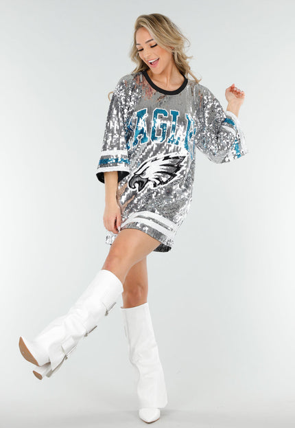 NEW230425 Zilverkleurige Pailletten Jersey Jurk met Lichtblauwe Details