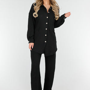 NEW230425 Zwarte Crinkle Stretch Set met Blouse en Broek