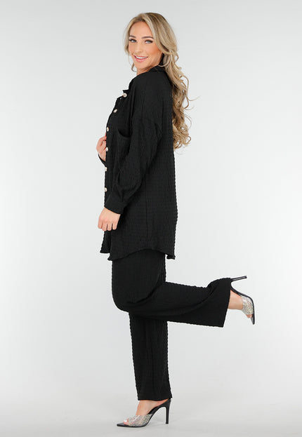 NEW230425 Zwarte Crinkle Stretch Set met Blouse en Broek