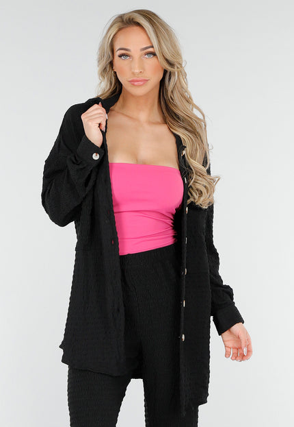 NEW230425 Zwarte Crinkle Stretch Set met Blouse en Broek