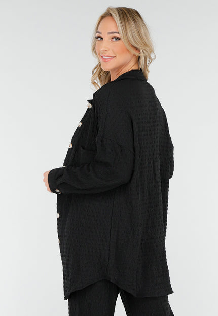 NEW230425 Zwarte Crinkle Stretch Set met Blouse en Broek