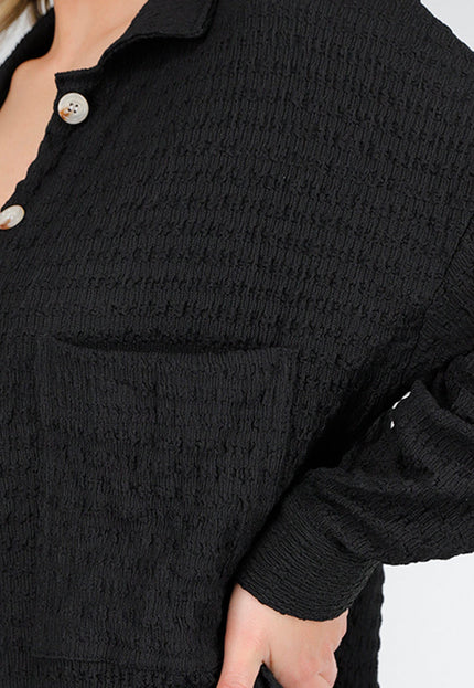 NEW230425 Zwarte Crinkle Stretch Set met Blouse en Broek