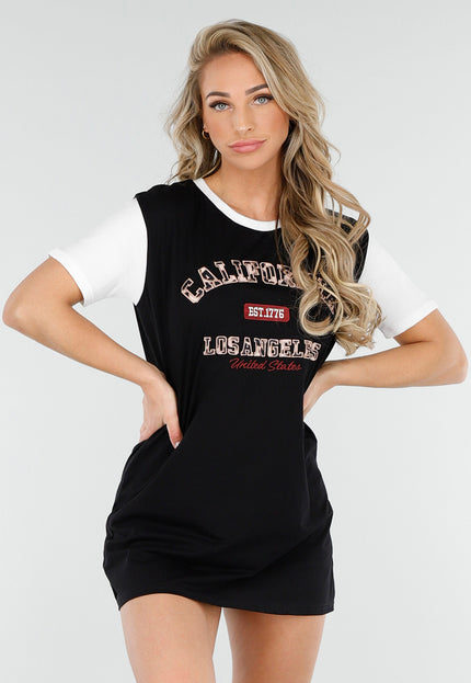 NEW230425 Zwarte T-Shirt Dress met Luipaardprint