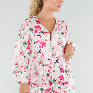 NEW230725 Bloemen Playsuit met Lange Pofmouwen