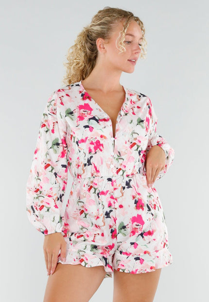 NEW230725 Bloemen Playsuit met Lange Pofmouwen