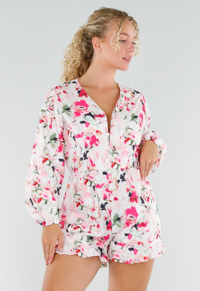 NEW230725 Bloemen Playsuit met Lange Pofmouwen