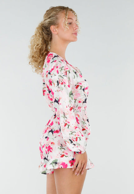 NEW230725 Bloemen Playsuit met Lange Pofmouwen