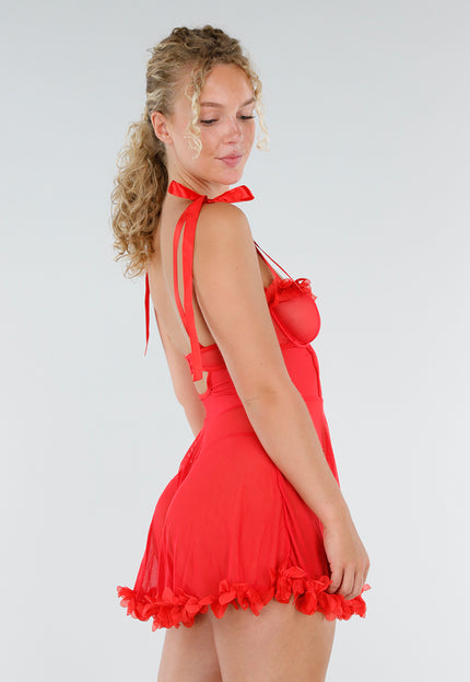 NEW230725 Rode Babydoll Set met Bloemenrand