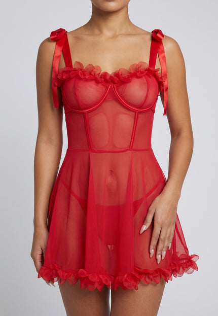 NEW230725 Rode Babydoll Set met Bloemenrand