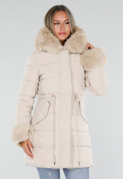 NEW230926 Beige Gewatteerde Winterjas met Bont