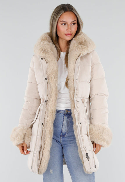 NEW230926 Beige Gewatteerde Winterjas met Bont