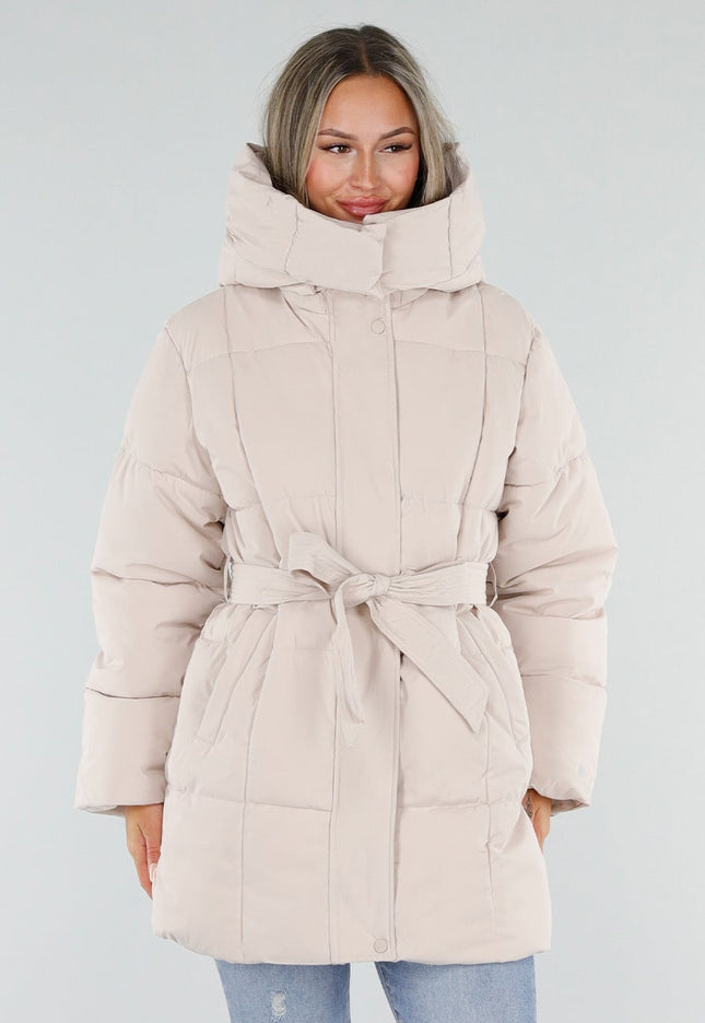 NEW230926 Beige Gewatteerde Winterjas met Ceintuur