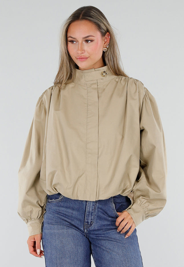 NEW230926 Beige Korte Jas met Hoge Kraag