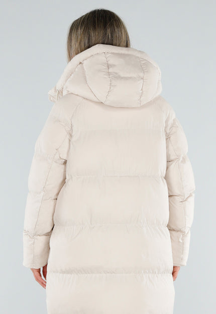NEW230926 Beige Lange Puffer Winterjas met Capuchon