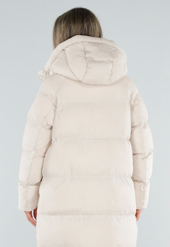 NEW230926 Beige Lange Puffer Winterjas met Capuchon