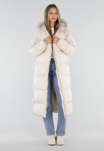 NEW230926 Beige Lange Puffer Winterjas met Capuchon