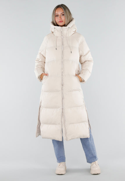 NEW230926 Beige Lange Puffer Winterjas met Capuchon