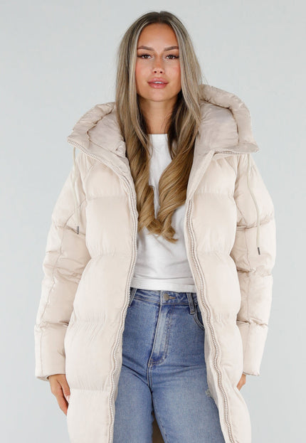 NEW230926 Beige Lange Puffer Winterjas met Capuchon