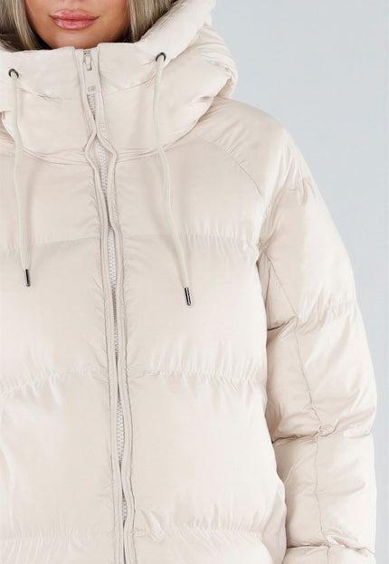 NEW230926 Beige Lange Puffer Winterjas met Capuchon