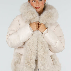 NEW230926 Beige Puffer Winterjas met Bontkraag