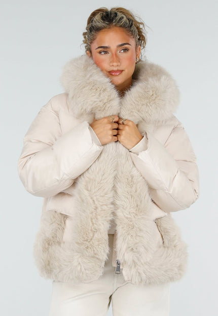 NEW230926 Beige Puffer Winterjas met Bontkraag