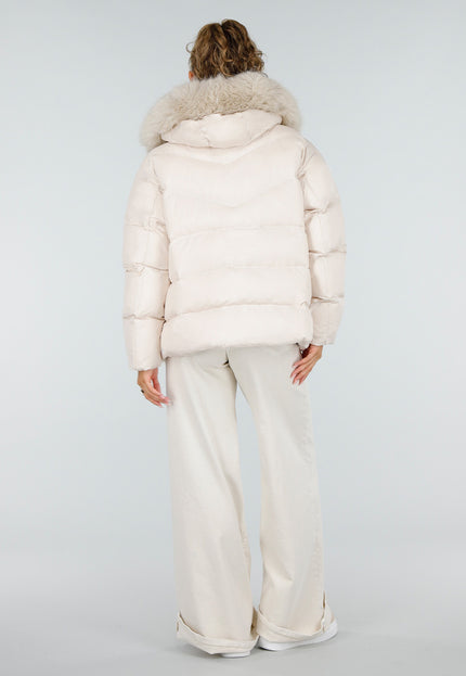 NEW230926 Beige Puffer Winterjas met Bontkraag