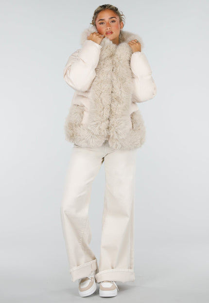 NEW230926 Beige Puffer Winterjas met Bontkraag