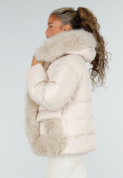 NEW230926 Beige Puffer Winterjas met Bontkraag