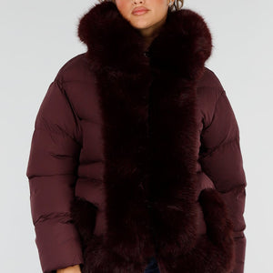 NEW230926 Bordeaux Puffer Winterjas met Bontkraag
