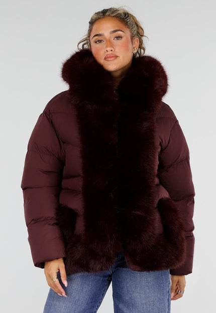 NEW230926 Bordeaux Puffer Winterjas met Bontkraag