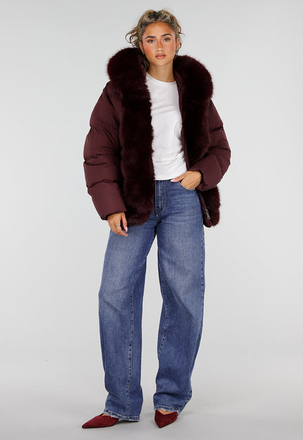 NEW230926 Bordeaux Puffer Winterjas met Bontkraag