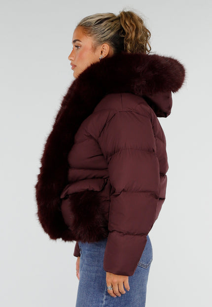 NEW230926 Bordeaux Puffer Winterjas met Bontkraag