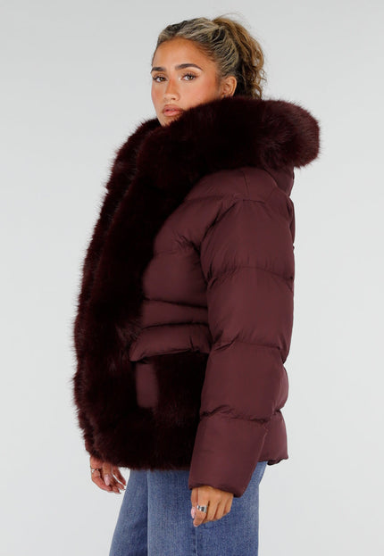 NEW230926 Bordeaux Puffer Winterjas met Bontkraag