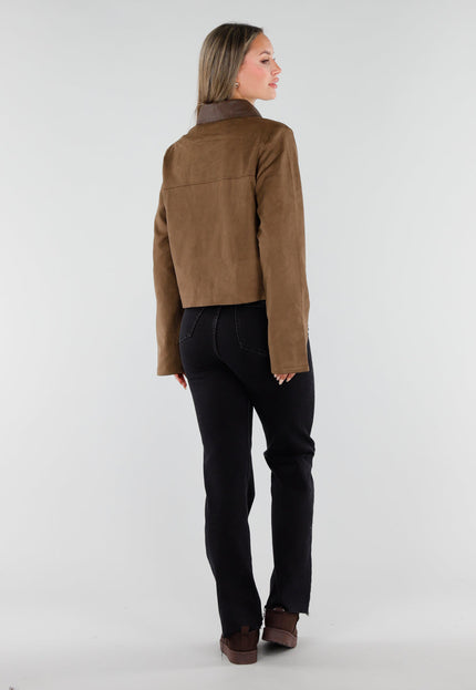 NEW230926 Bruin Kort Suèdelook Jasje met Kraag